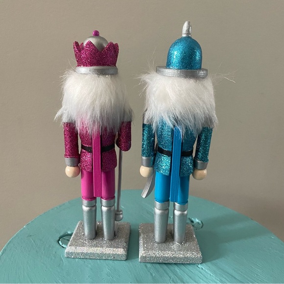 Set of 2 Miniature Hobby Lobby Nutcrackers Pink Blue Silver Glitter 7” Tall - Picture 5 of 7